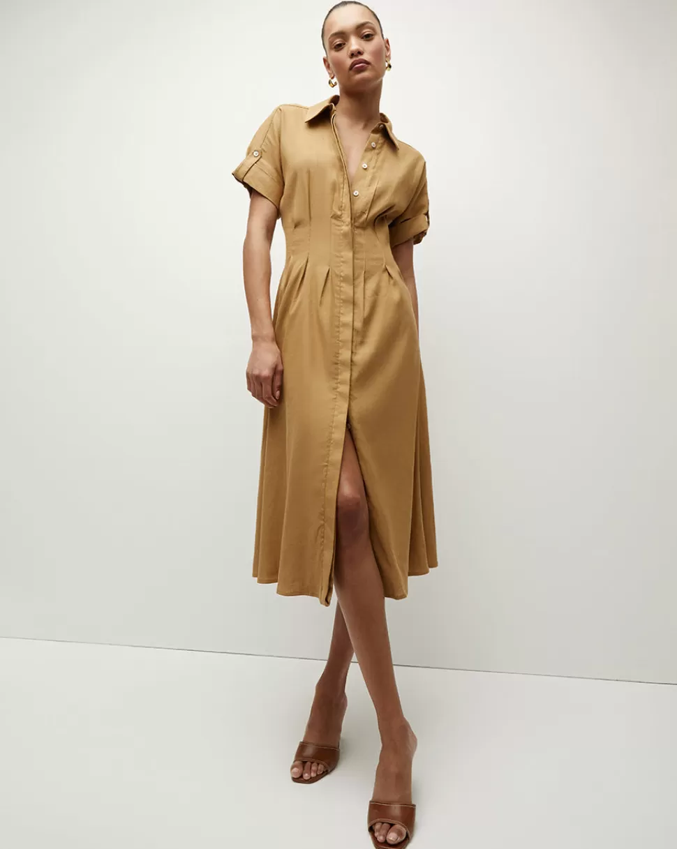 Veronica Beard Clothing | Dresses>Adavi Khaki Linen Shirt Dress Desert Khaki