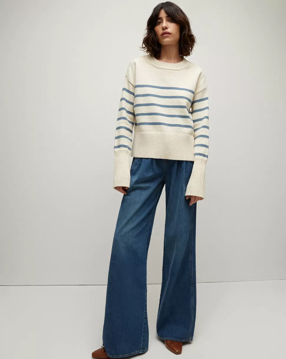 Veronica Beard Clothing | Sweaters>Andover Rib Trim, Blue/White Striped Sweater Ecru/Slate Blue