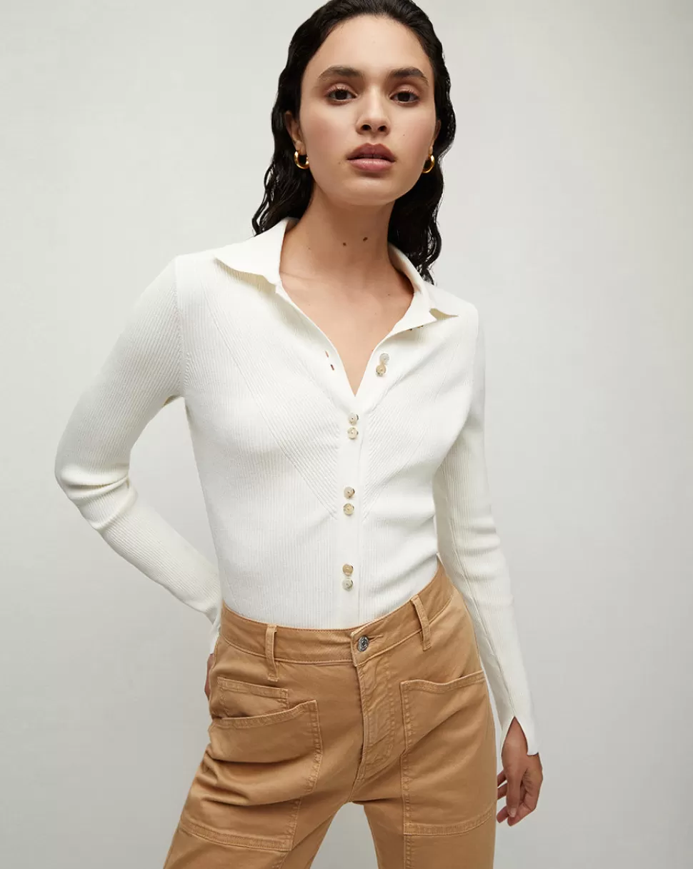 Veronica Beard Clothing | Sweaters>Aviva Polo-Collar Ribbed Cardigan Off-White
