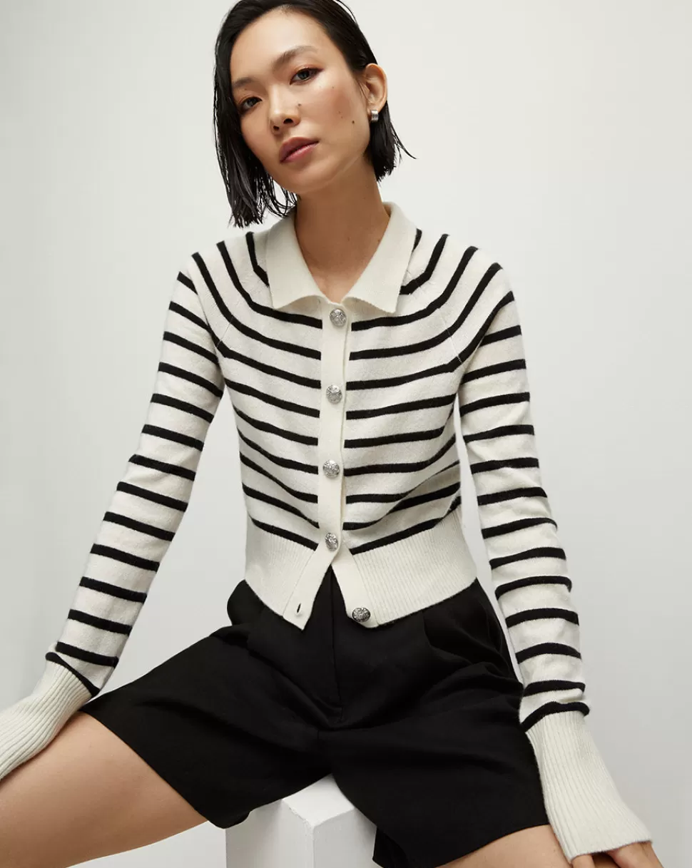 Veronica Beard Clothing | Sweaters>Cheshire Striped Collared Cashmere Cardigan Off-White/Black