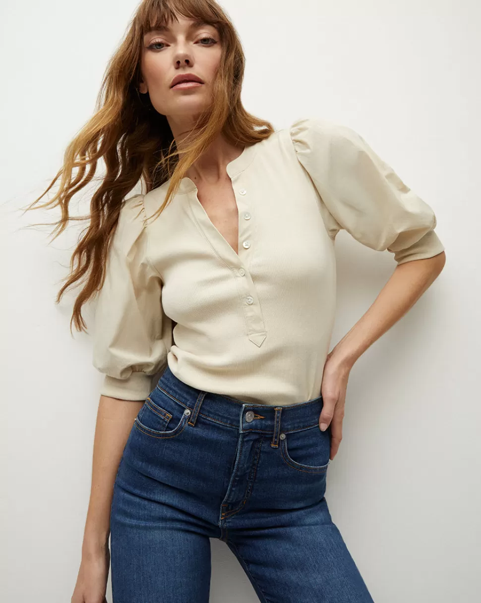 Veronica Beard Tops & Tees | Clothing>Coralee Puffed-Sleeve V-Neck Top Limestone