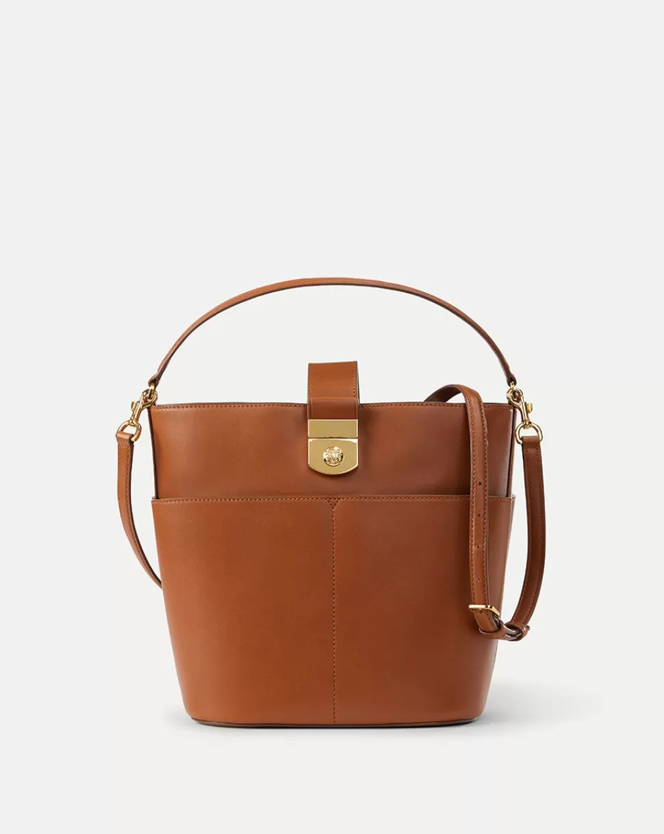 Veronica Beard Best Sellers | Handbags>Crest Lockable Closure Brown Leather Bucket Bag Hazelwood