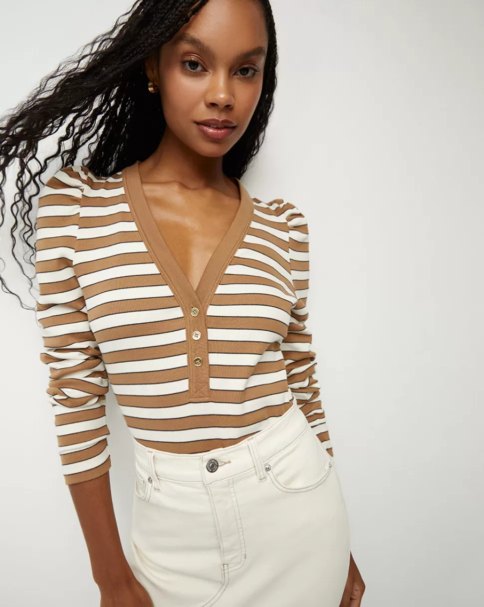 Veronica Beard Tops & Tees | Clothing>Dekalb Striped Deep V-Neck Top Camel Multi