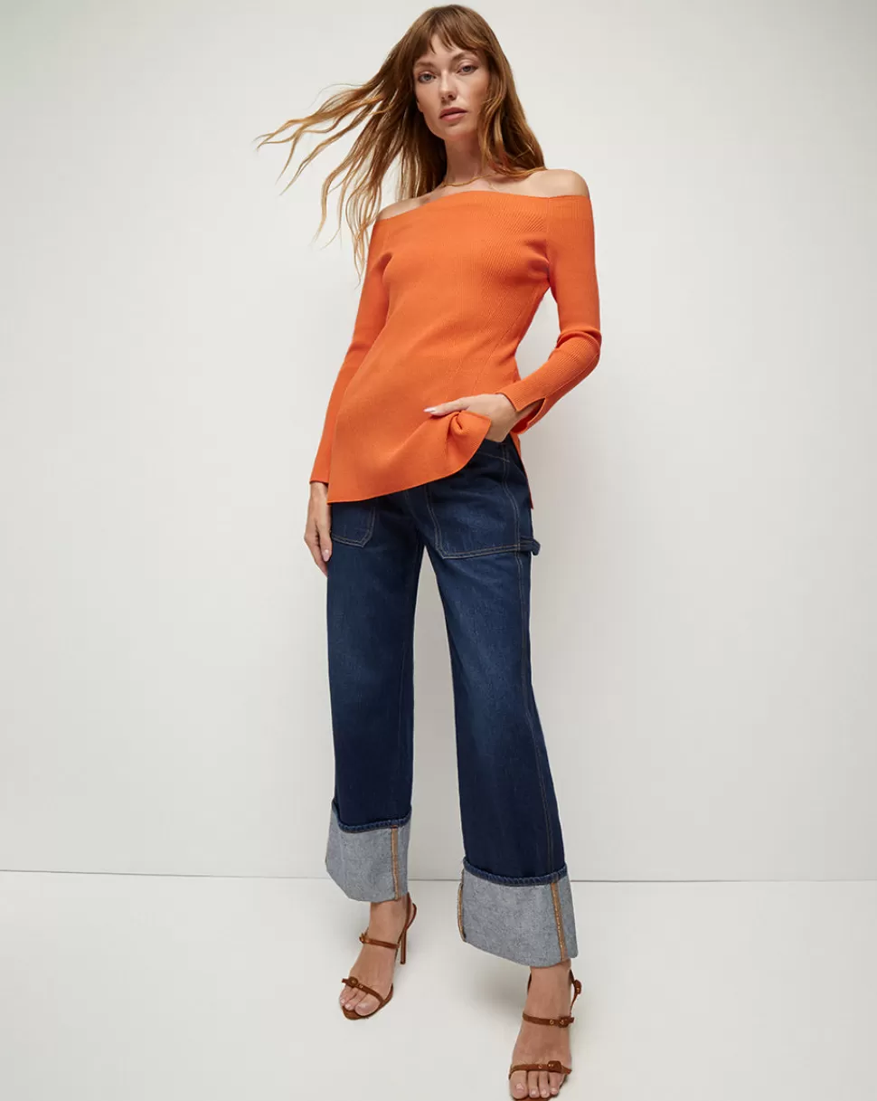 Veronica Beard Clothing | Sweaters>Derick Ribbed Off-the-Shoulder Pullover Top Deep Orange