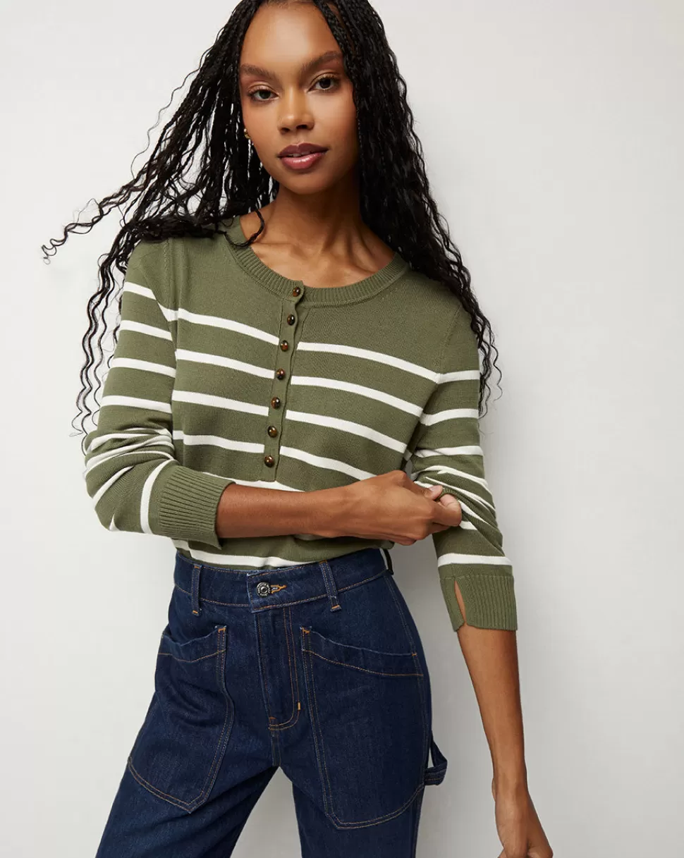 Veronica Beard Tops & Tees | Clothing>Dianora Striped Crew Neck Knit Sweater Army/Off-White