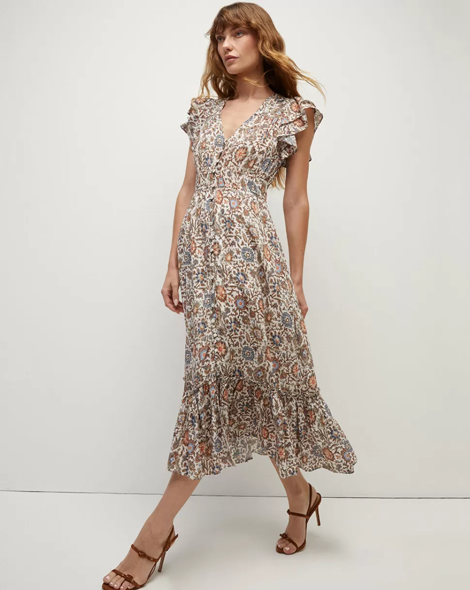 Veronica Beard Clothing | Dresses>Dolci Deep-V Floral Midi Dress Ecru Multi