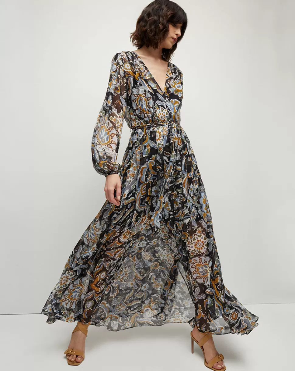 Veronica Beard Clothing | Dresses>Elvita Brushstroke V-Neck Paisley Maxi Dress Black Multi