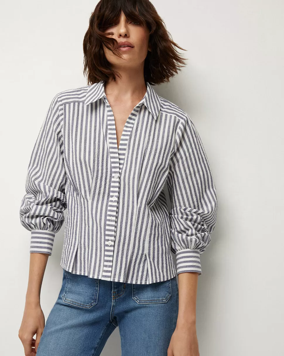 Veronica Beard Tops & Tees | Clothing>Ertha Striped Puff-Sleeve Seersucker Top Navy/Off-White