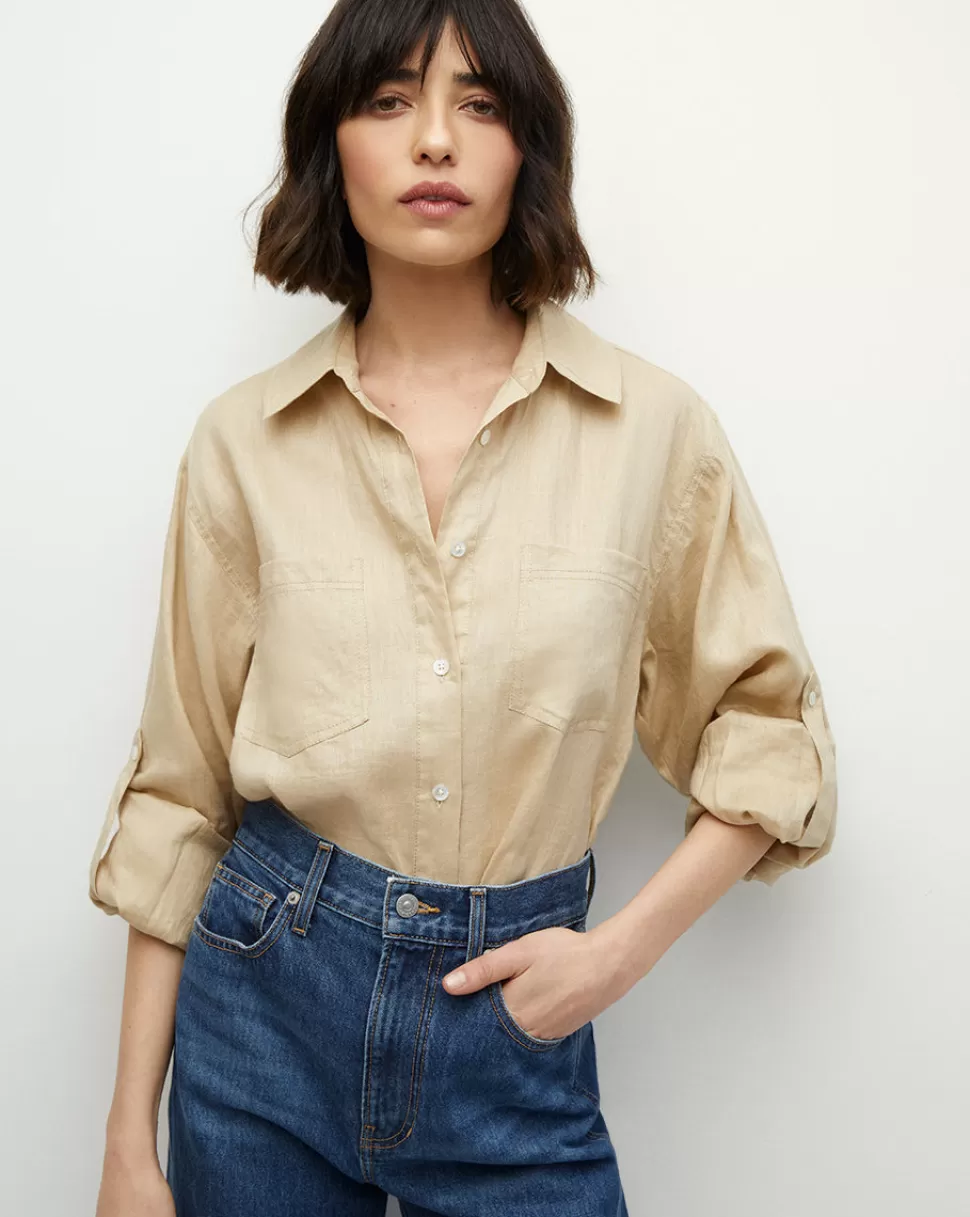 Veronica Beard Tops & Tees | Clothing>Gil Khaki Linen Button-Down Shirt Pebble Khaki