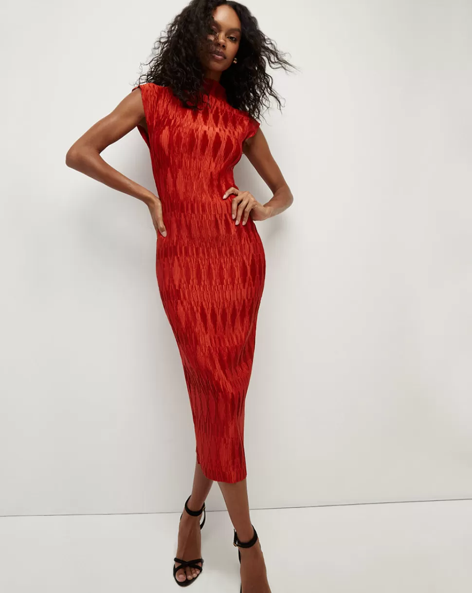 Veronica Beard Best Sellers | Clothing>Gramercy Satin Pleated Midi Dress Flame