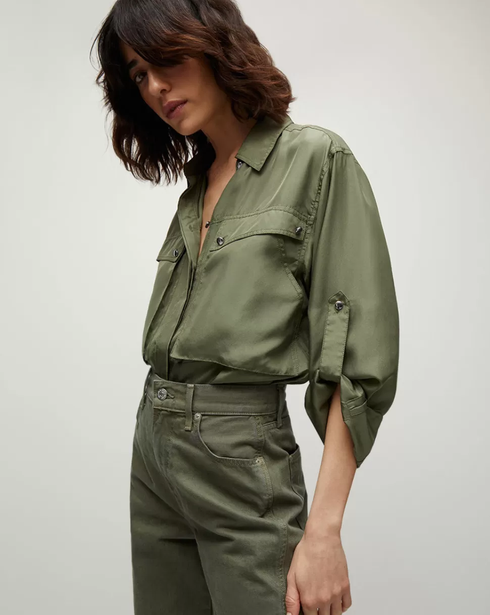 Veronica Beard Tops & Tees | Best Sellers>Jada Army Green Silk Button-Down Blouse Stone Army
