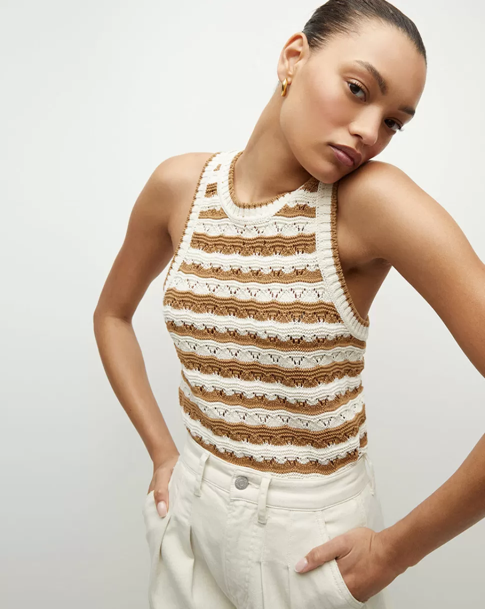 Veronica Beard Clothing | Sweaters>Jerrel Striped Crew Neck Knit Tank Top Desert Khaki/Off-White