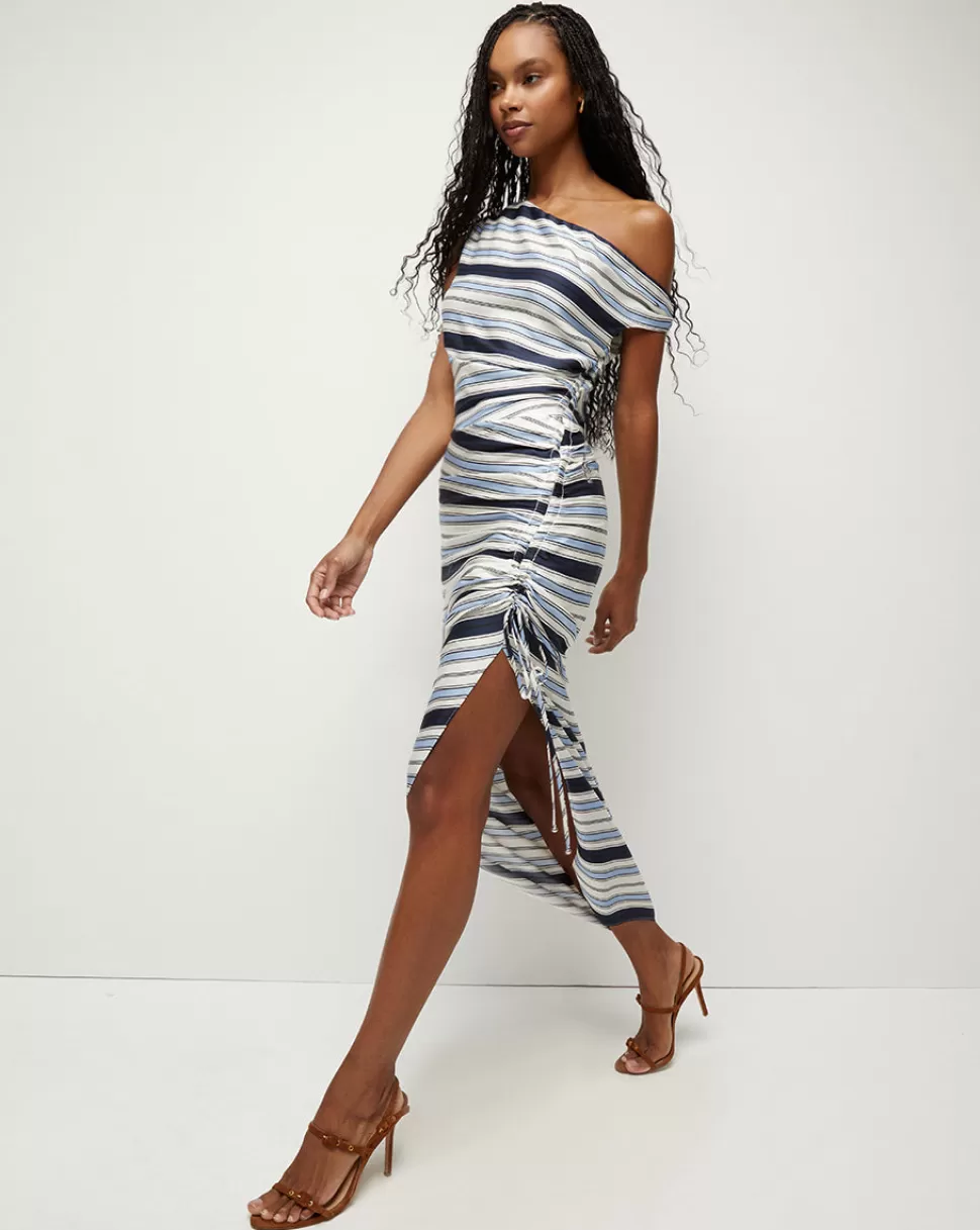 Veronica Beard Best Sellers | Clothing>Kadie Silk One-Shoulder Striped Dress Blue Multi