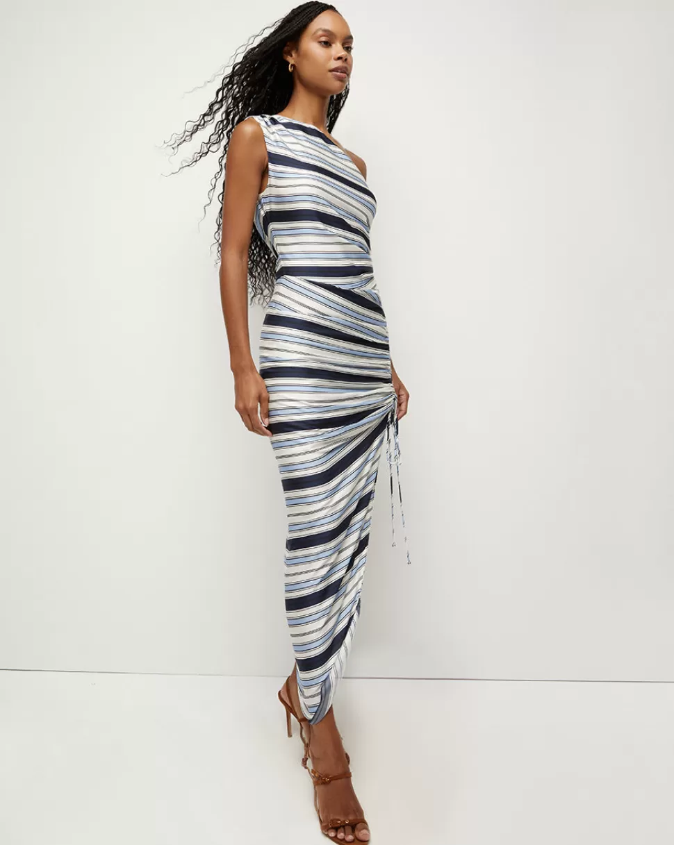 Veronica Beard Best Sellers | Clothing>Kadie Silk One-Shoulder Striped Dress Blue Multi