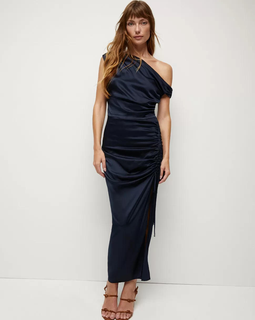Veronica Beard Best Sellers | Dresses>Kadie Strech Charmeuse One-Shoulder Dress Navy
