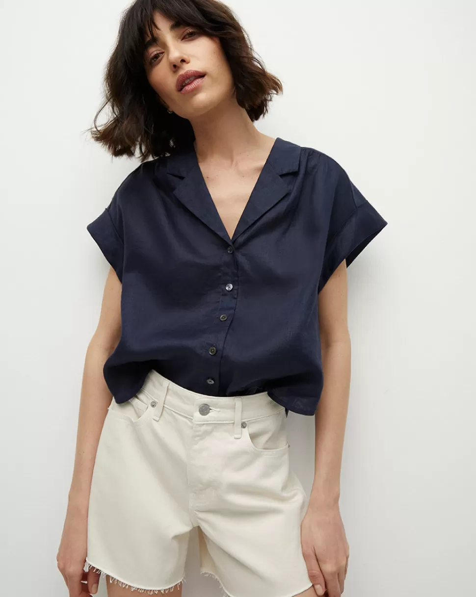 Veronica Beard Tops & Tees>Kasa Linen Button-Down Top Marine