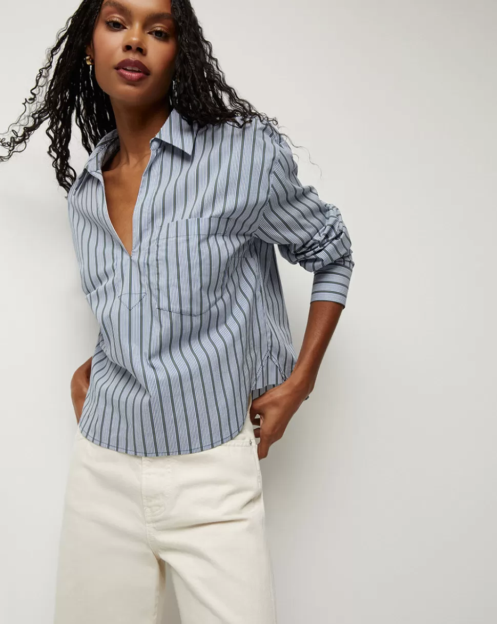 Veronica Beard Tops & Tees | The Vacation Edit>Khai Striped Poplin V-Neck Top Blue/Army