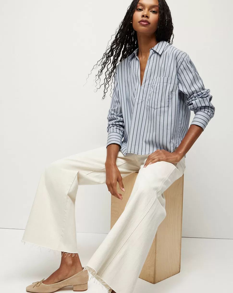 Veronica Beard Tops & Tees | The Vacation Edit>Khai Striped Poplin V-Neck Top Blue/Army