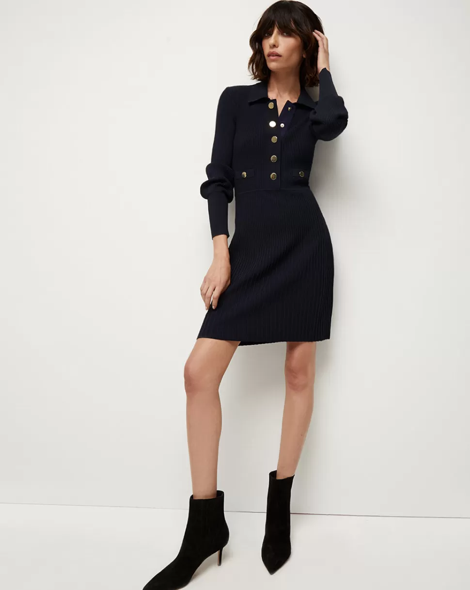 Veronica Beard Best Sellers | Dresses>Lauper Long-Sleeve Ribbed Dress Navy