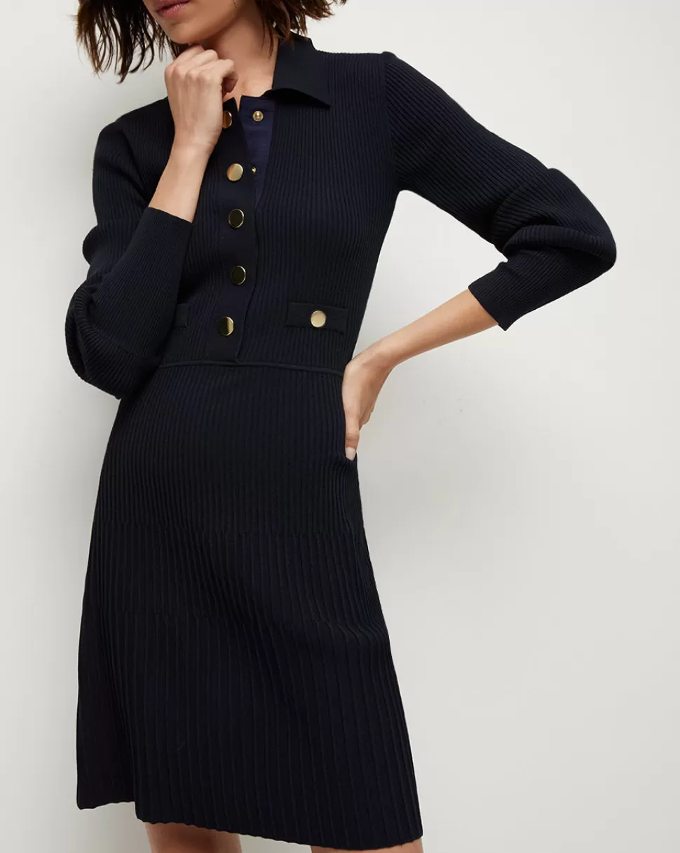 Veronica Beard Best Sellers | Dresses>Lauper Long-Sleeve Ribbed Dress Navy