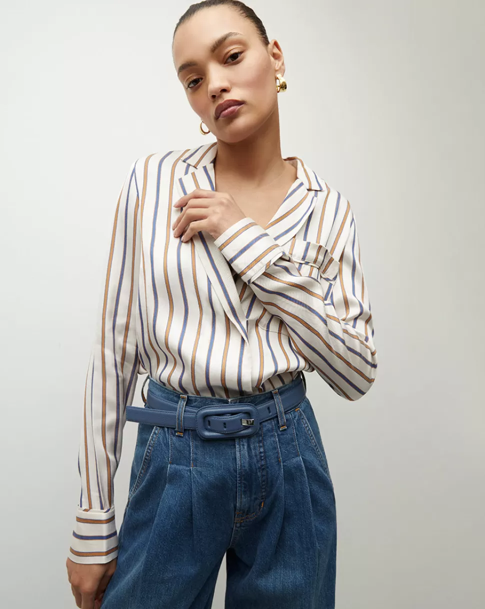 Veronica Beard Tops & Tees | Clothing>Lusanne Striped Long-Sleeve Silky Top Sand/Slate Blue