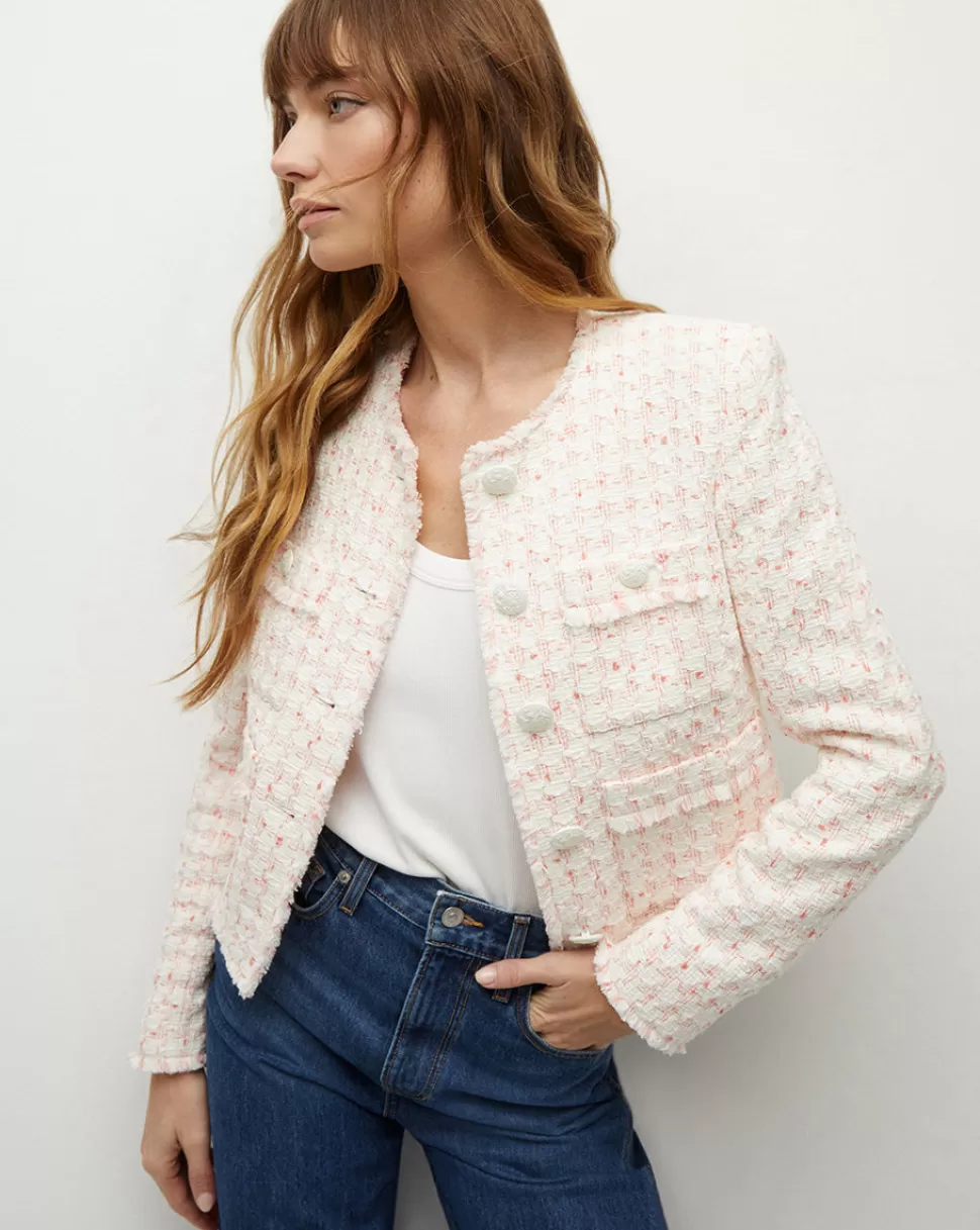 Veronica Beard Clothing | Jackets & Vests>Olbia Collarless Pink Tweed Jacket Off-White/Coral