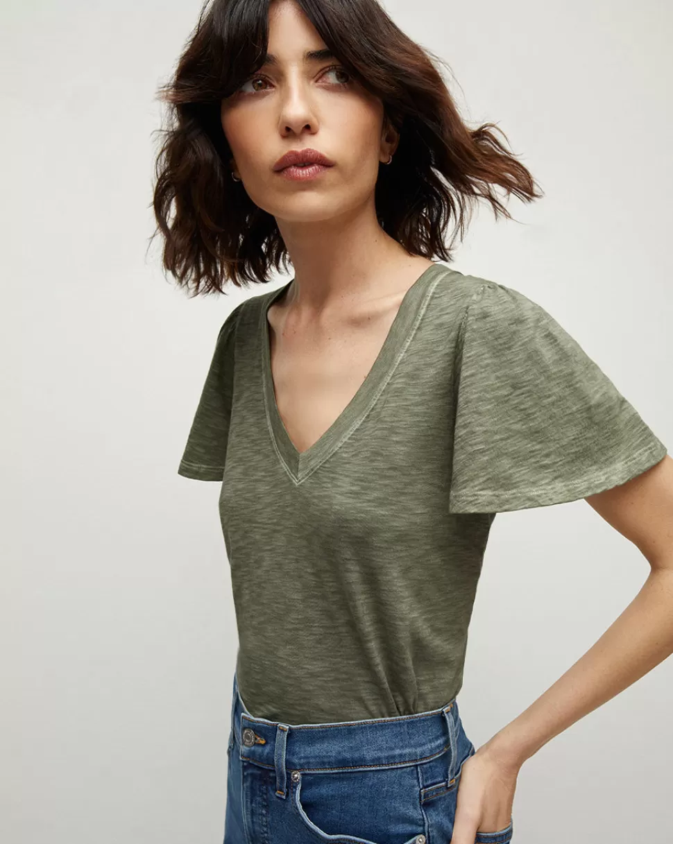 Veronica Beard Tops & Tees | Clothing>Posey V-Neck, Flutter-Sleeve Tee Stone Army