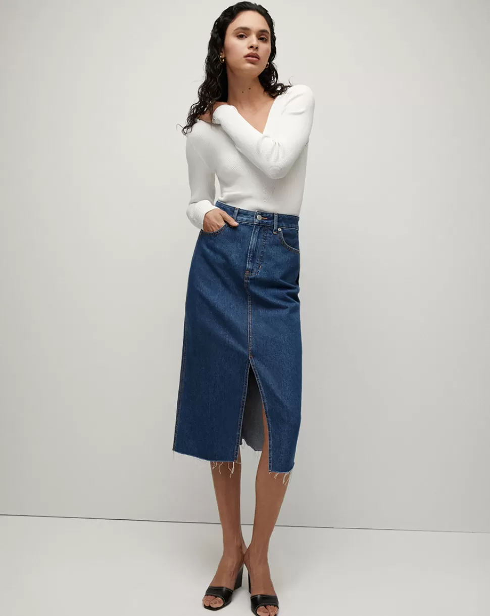 Veronica Beard Clothing | Skirts & Shorts>Victoria Raw-Edge Midi Denim Skirt Stoned Bright Blue