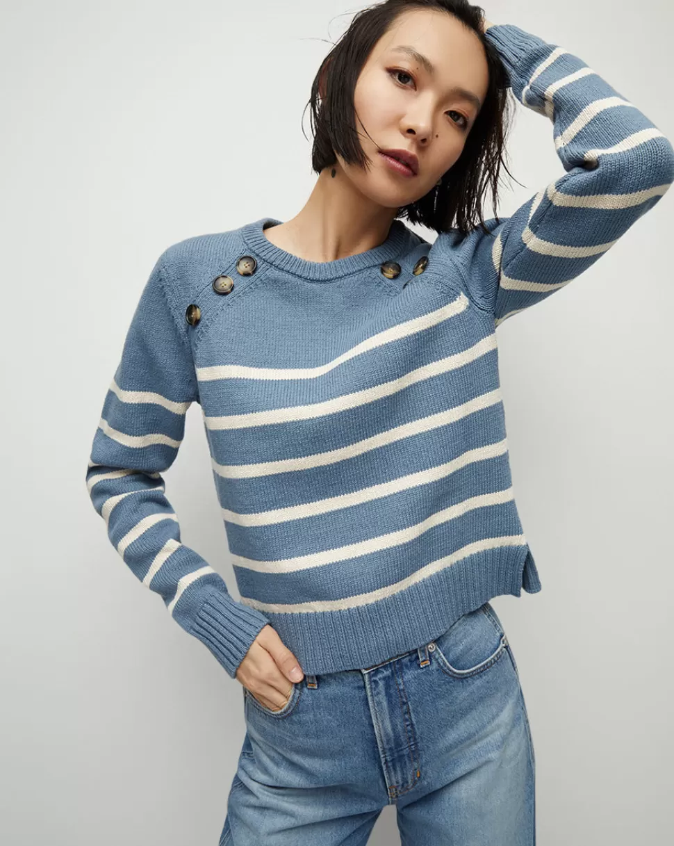 Veronica Beard Clothing | Sweaters>Virke Shoulder-Button Striped Nautical Sweater Slate Blue/Ecru