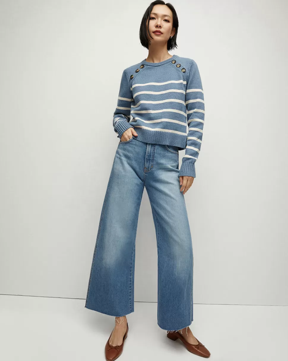 Veronica Beard Clothing | Sweaters>Virke Shoulder-Button Striped Nautical Sweater Slate Blue/Ecru