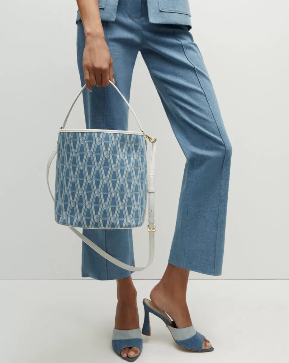 Veronica Beard Handbags>V-Link Denim  White Bucket Bag Indigo Multi