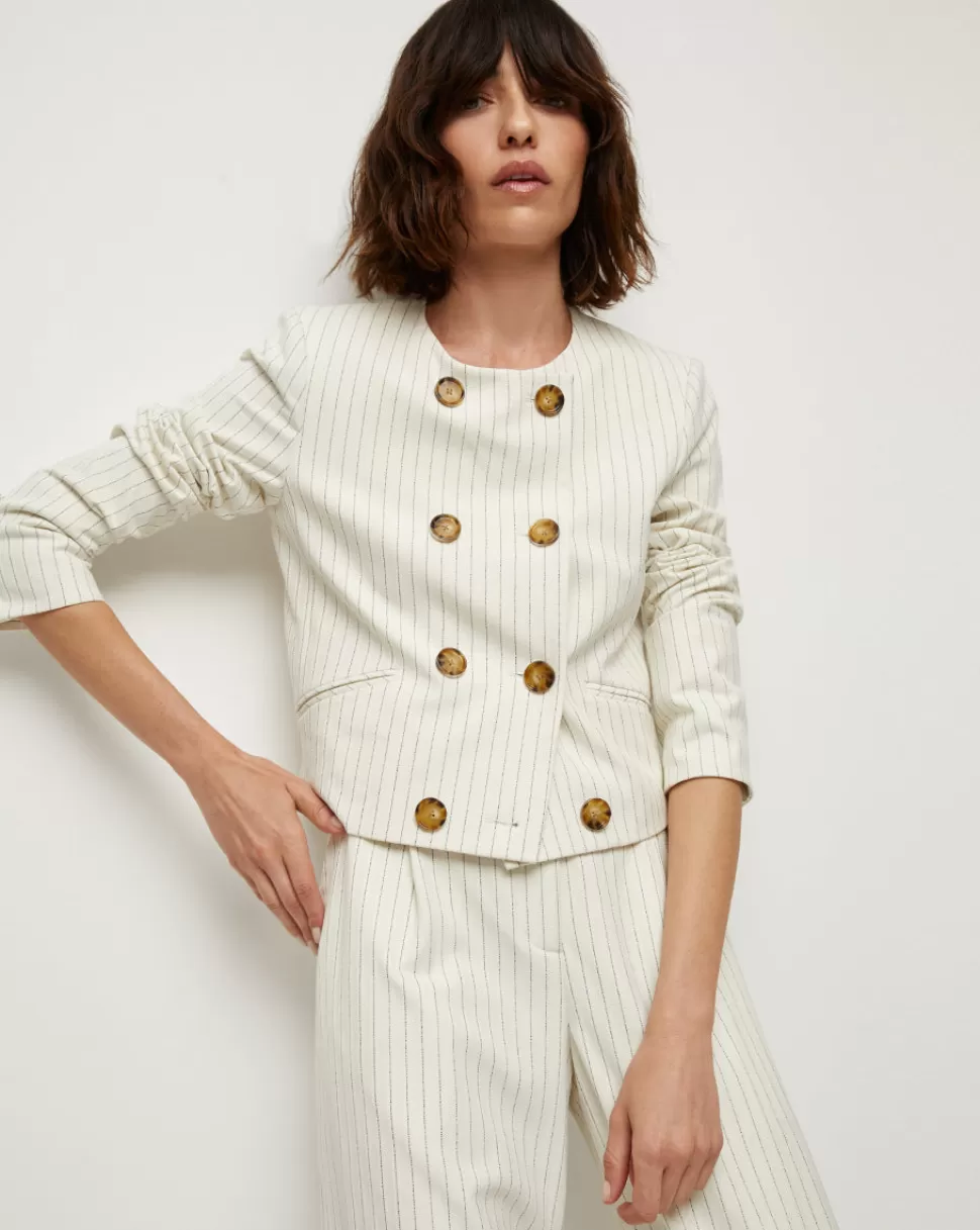 Veronica Beard Clothing | Jackets & Vests>Winslow Pinstripe Collarless Jacket Ecru Multi